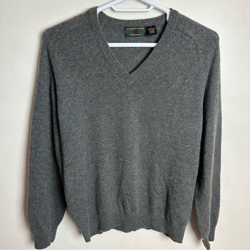 Alexander Julian Colours 100% Cashmere V-neck Sweater Men's Size Large Gray Grey